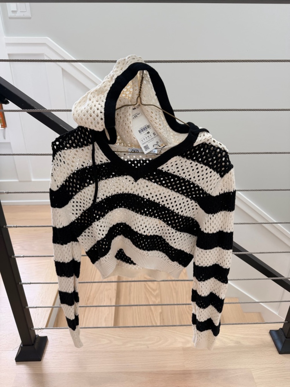 Zara Black and Cream Crocheted Hooded Stripe Sweater